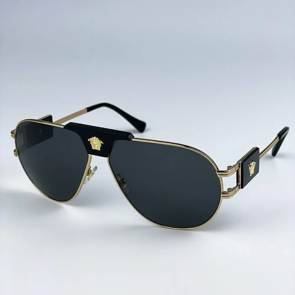 NEW Versace VE2252 100287 BRAND NEW Gold Dark Grey Metal Pilot Unisex Sunglasses